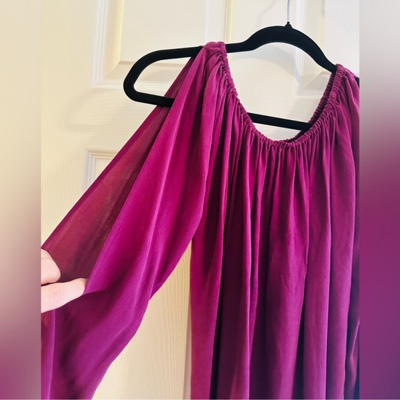 Crepe silk Dark purple red maroon Chaser Shirt long sleeve Chaser T off shoulder - Picture 1 of 4